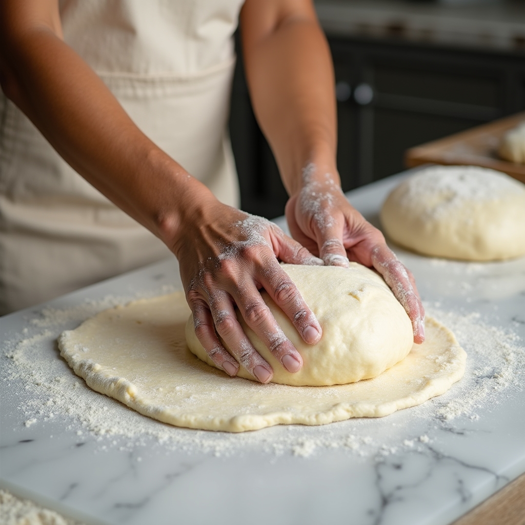 Mani che lavorano l'impasto del pane in laboratorio